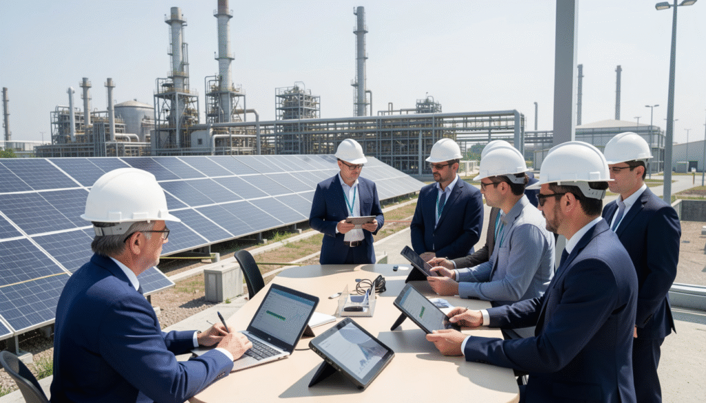 Engineers reviewing solar panels beside a refinery during Environmental Impact Assessments of renewable energy integration