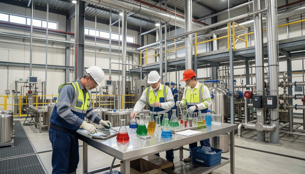 Specialists testing chemical samples in a processing facility laboratory for detailed Environmental Impact Assessments.
