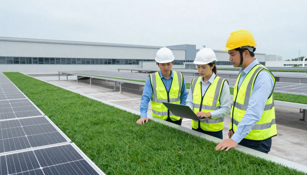 Team analyzing solar panels and green roofing as part of environmental services for sustainable industrial facilities.