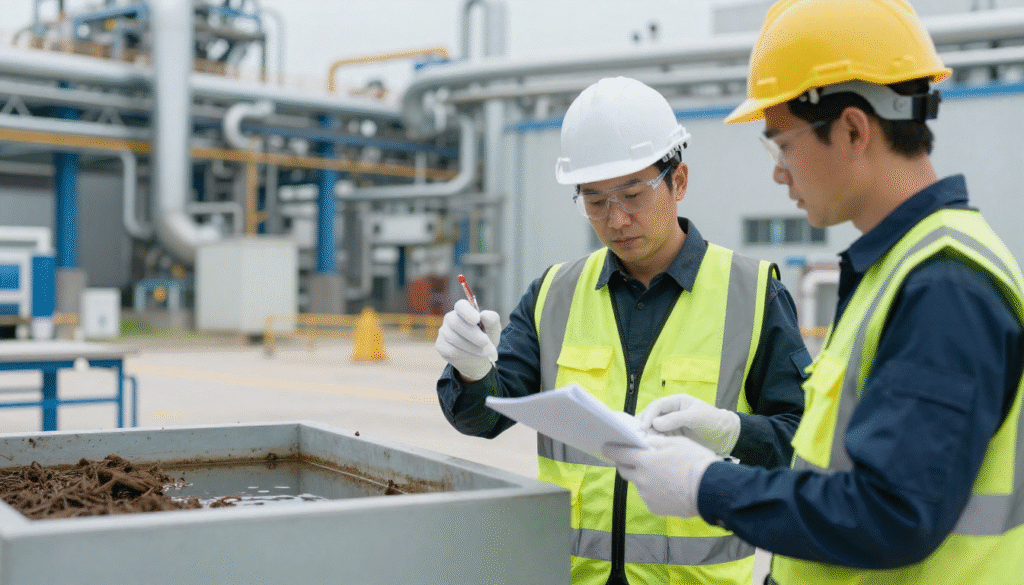 Technicians collecting and analyzing wastewater samples as part of Environmental Impact Assessments at an industrial plant.