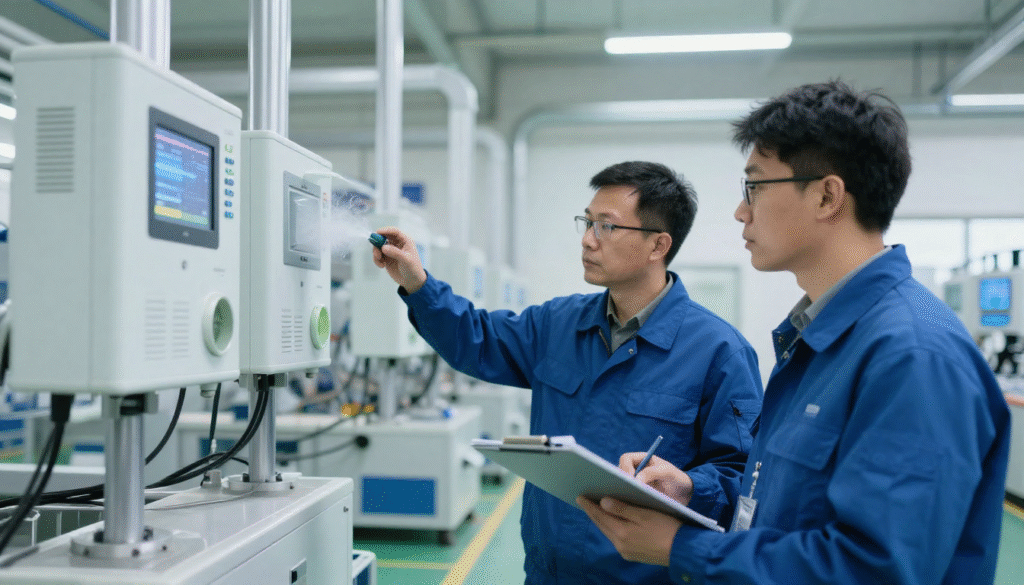 Technicians monitoring equipment performance in a factory, supporting environmental services and emissions control.