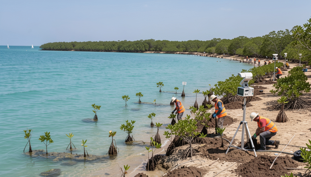 Workers planting mangroves along the shoreline as part of coastal environmental management and ecosystem restoration
