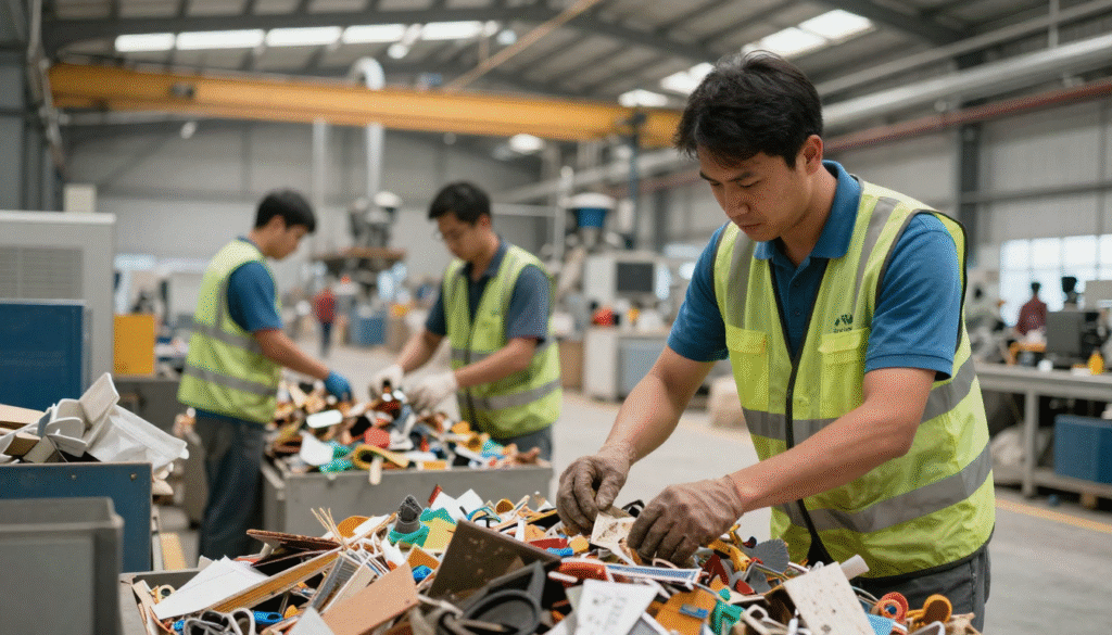 Workers sorting industrial waste materials on a production floor, demonstrating hands-on environmental services and recycling operations.