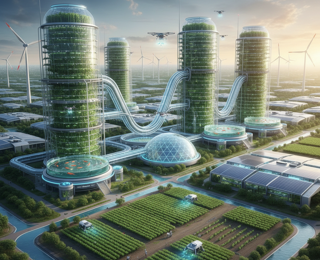 Vertical farm and aquaculture, environmental services.
