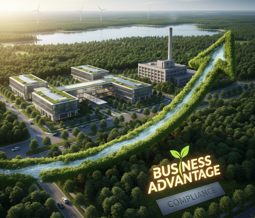 A green business campus with renewable energy systems illustrates corporate environment management benefits.