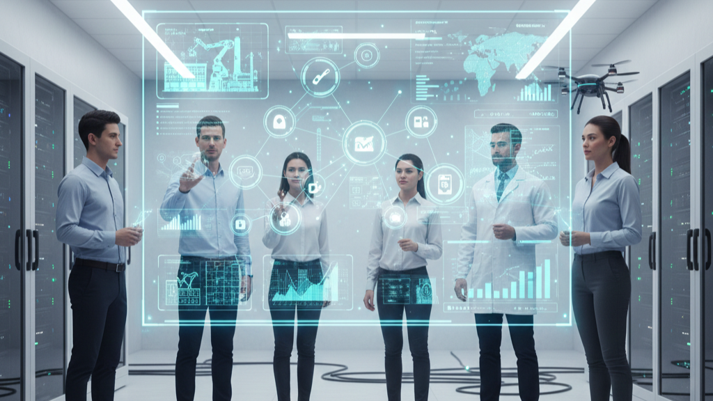 Engineers analyzing digital systems and automation data as part of advanced industrial services.