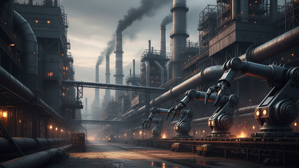Heavy manufacturing site with robotics and emissions illustrating traditional industrial services