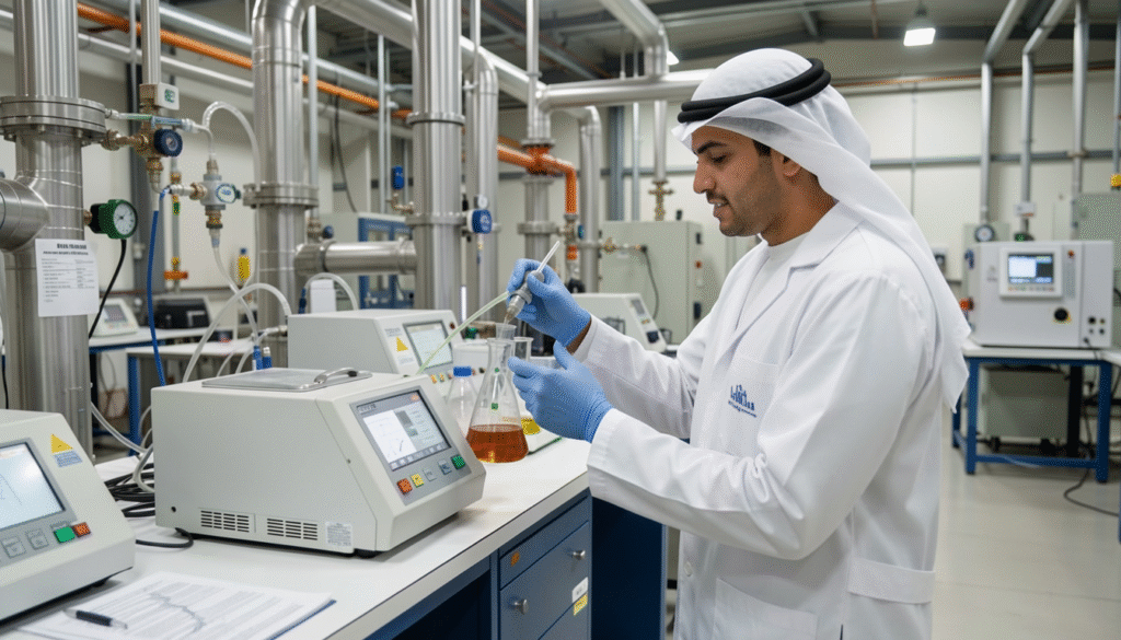 Technician conducting Fuel Quality Testing in a Saudi laboratory
