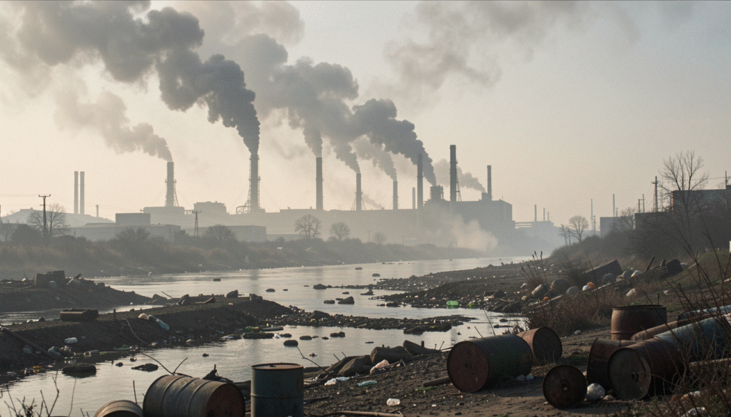 Environmental impact assessment showing industrial air pollution and contaminated shoreline