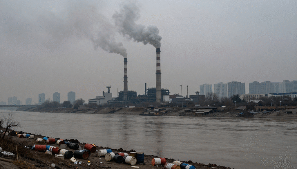 Environmental impact assessment of factory smokestacks releasing emissions over river