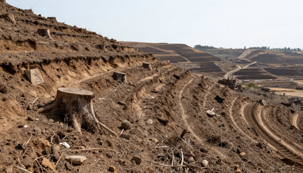 Environmental impact assessment of deforested hillside with exposed soil and tree stumps